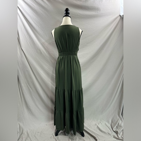 Boho V-Neck Pleated Waist Dress Army Green - Picture 8 of 8